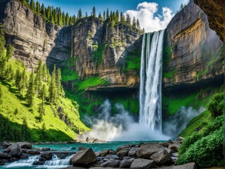 Fototapeta premium Park Paradise: Majestic Waterfall & Lush Greenery Define National Park Beauty. Iconic National Park Landscape - Waterfall & Verdant Cliffs. generative AI