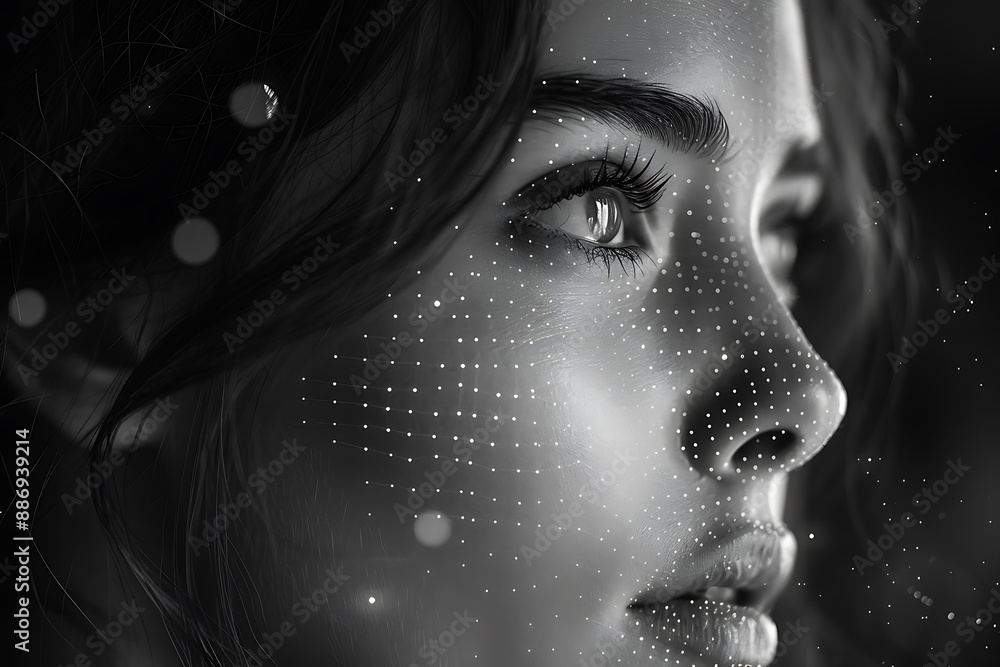 Aufkleber the girl's face is shown against the backdrop of a wireframe plexus, creating a striking visual cont