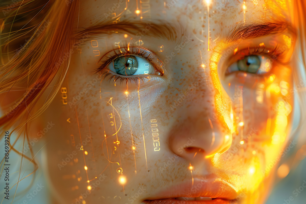 Aufkleber the girl's face is shown against the backdrop of a wireframe plexus, creating a striking visual cont