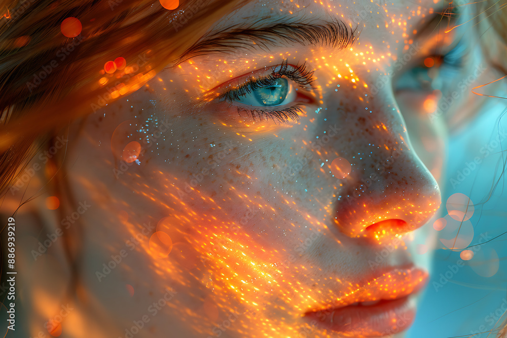 Aufkleber the girl's face is shown against the backdrop of a wireframe plexus, creating a striking visual cont