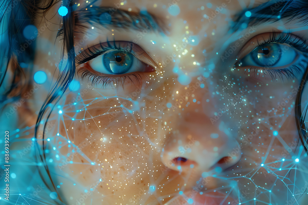 Aufkleber the girl's face is shown against the backdrop of a wireframe plexus, creating a striking visual cont