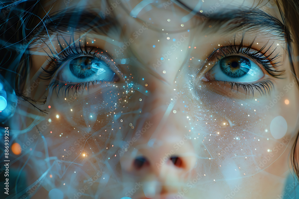 Aufkleber the girl's face is shown against the backdrop of a wireframe plexus, creating a striking visual cont