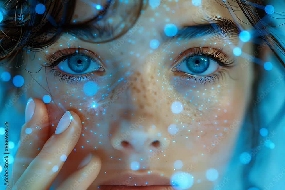 Aufkleber the girl's face is shown against the backdrop of a wireframe plexus, creating a striking visual cont