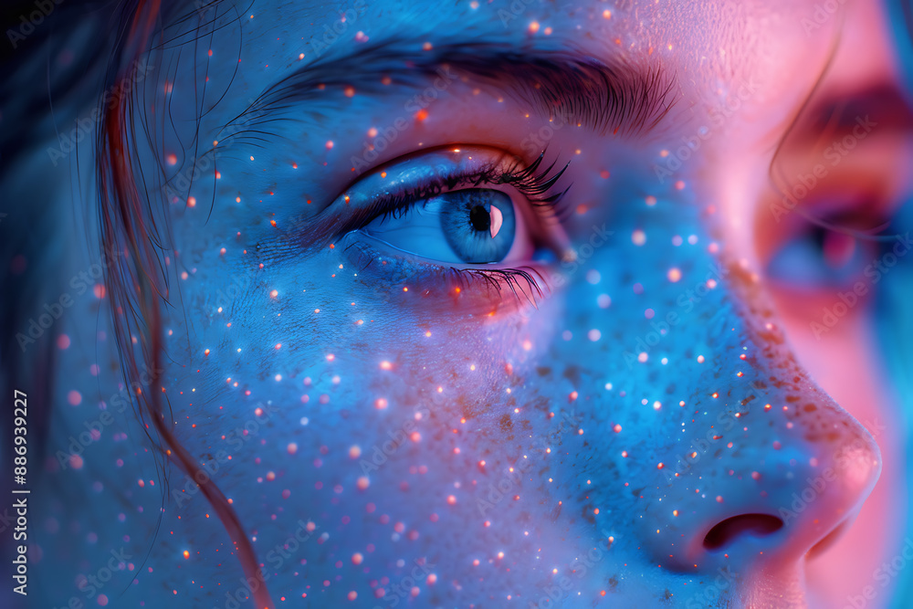 Aufkleber the girl's face is shown against the backdrop of a wireframe plexus, creating a striking visual cont