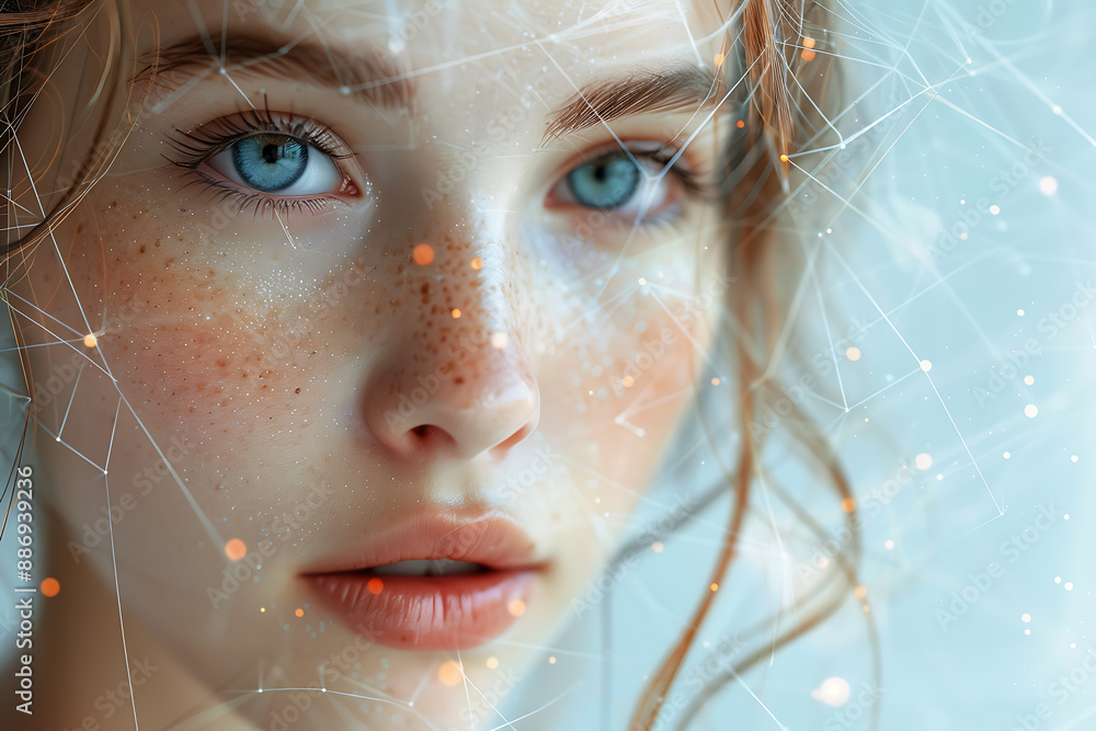 Aufkleber the girl's face is shown against the backdrop of a wireframe plexus, creating a striking visual cont