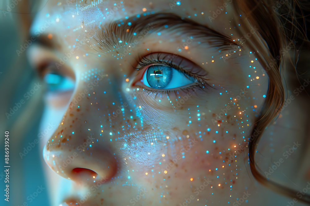Aufkleber the girl's face is shown against the backdrop of a wireframe plexus, creating a striking visual cont