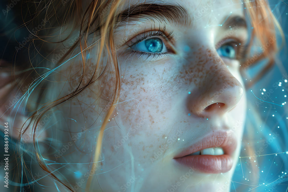 Aufkleber the girl's face is shown against the backdrop of a wireframe plexus, creating a striking visual cont