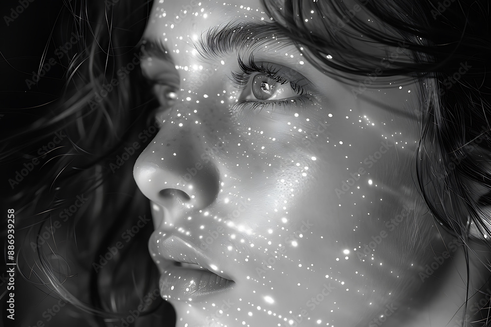 Aufkleber the girl's face is shown against the backdrop of a wireframe plexus, creating a striking visual cont