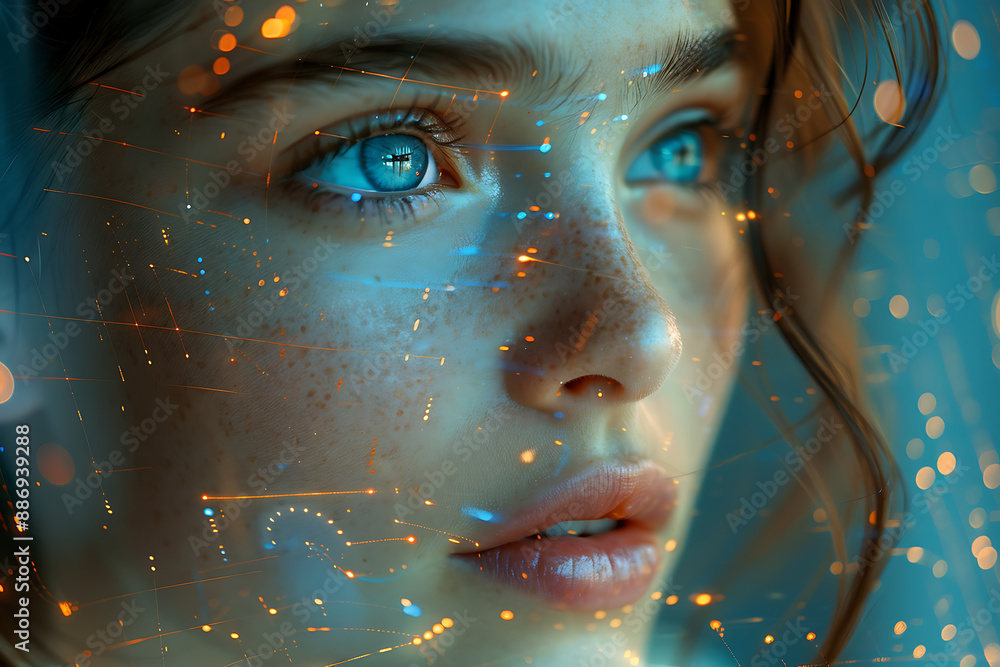 Aufkleber the girl's face is shown against the backdrop of a wireframe plexus, creating a striking visual cont