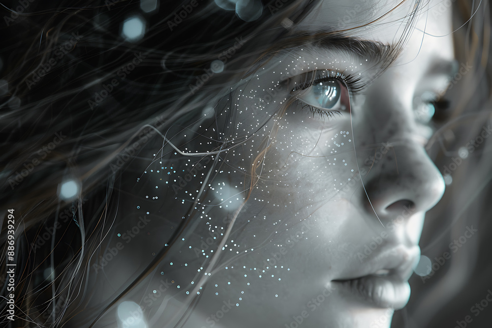 Aufkleber the girl's face is shown against the backdrop of a wireframe plexus, creating a striking visual cont
