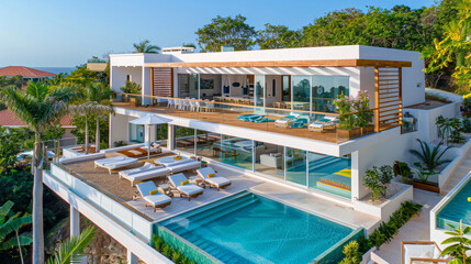 Modern villa boasting a rooftop terrace and luxurious pool area.