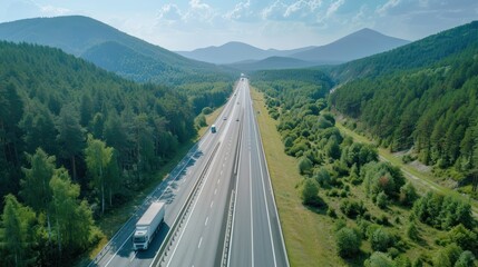 Obraz premium Aerial View of Highway Surrounded by Lush Green Mountains
