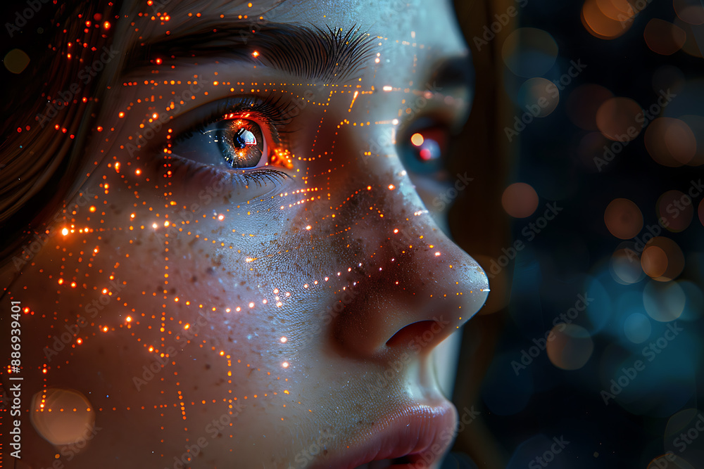 Aufkleber the girl's face is shown against the backdrop of a wireframe plexus, creating a striking visual cont