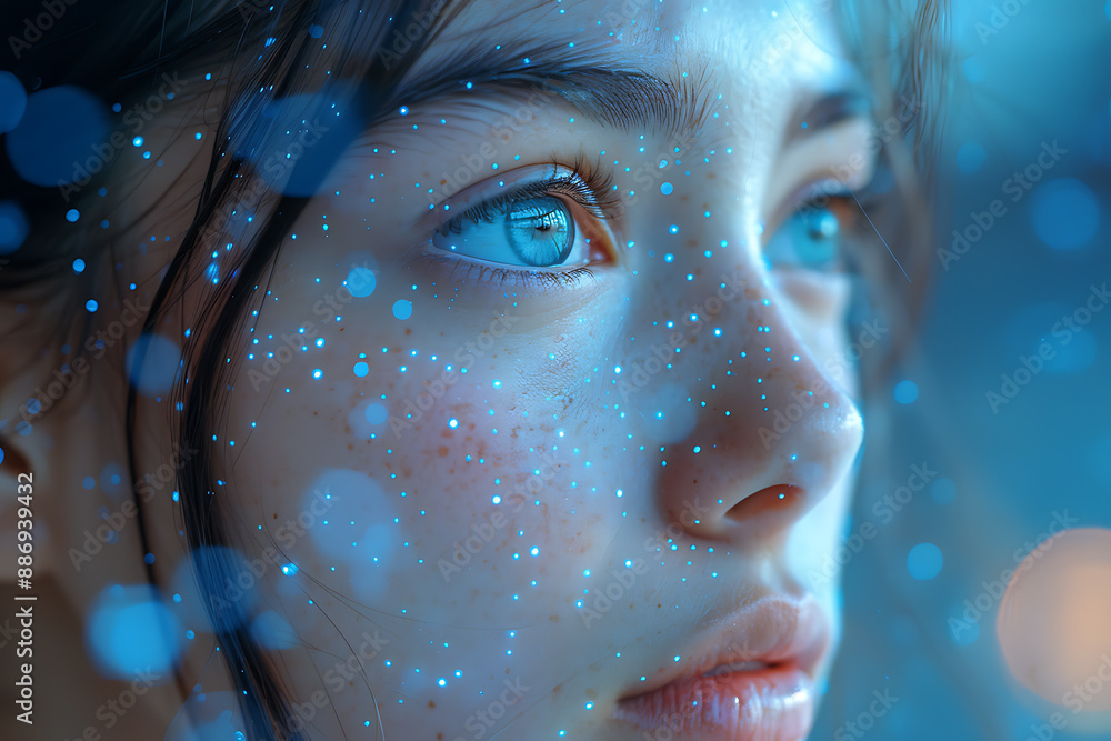Aufkleber the girl's face is shown against the backdrop of a wireframe plexus, creating a striking visual cont