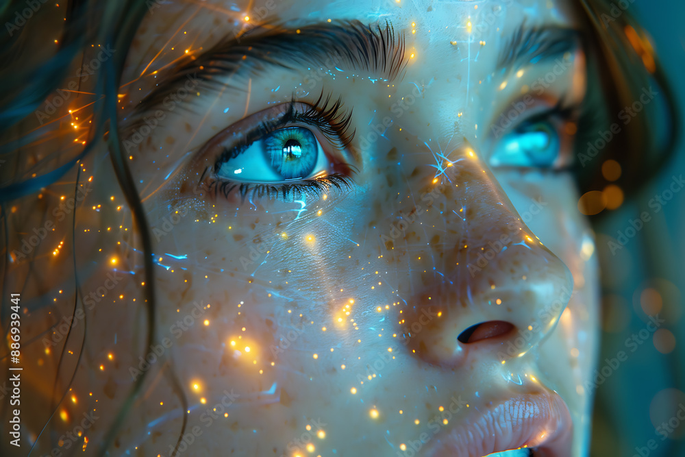 Aufkleber the girl's face is shown against the backdrop of a wireframe plexus, creating a striking visual cont