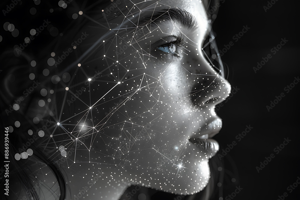 Aufkleber the girl's face is shown against the backdrop of a wireframe plexus, creating a striking visual cont