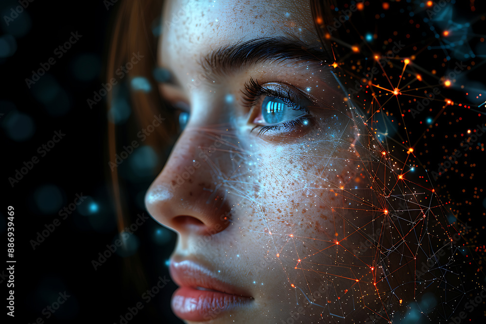 Aufkleber the girl's face is shown against the backdrop of a wireframe plexus, creating a striking visual cont
