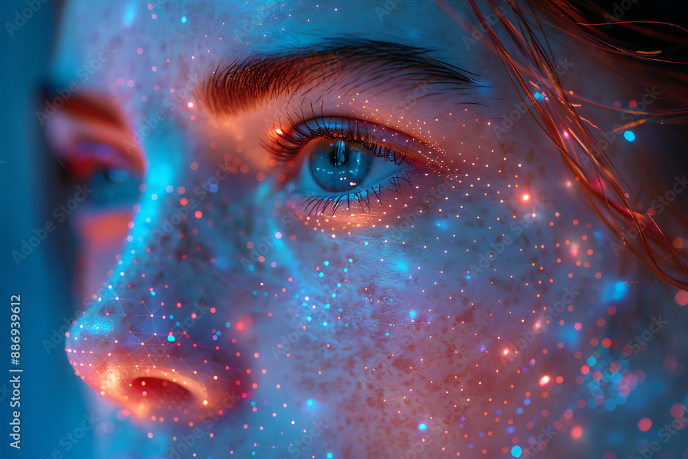 Aufkleber the girl's face is shown against the backdrop of a wireframe plexus, creating a striking visual cont