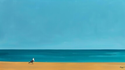Fototapeta premium Minimalist composition of South Haven Beach, featuring a solitary seagull against a gradient sky of deep blue to turquoise.