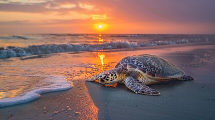 Turtle resting on the beach with waves and sunset in the background