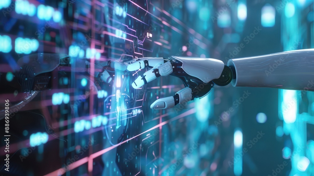 Poster robot hand pressing on virtual digital screen big data connection technology ai machine learning ide
