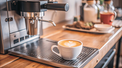 cup or mug under the coffee maker machine on kitchen