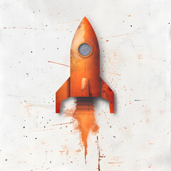 A minimalistic artwork showcasing an orange rocket against a splatter paint backdrop, offering a modern and abstract aesthetic. Ideal for distinctive designs inspired by space themes