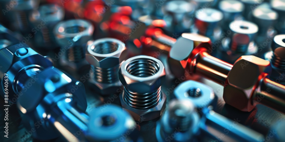 Poster A close-up shot of various nuts and bolts on a surface, suitable for use in illustrations or design projects