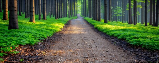 Serene forest pathway with lush green foliage and tall trees, ideal for nature walks, hiking, and outdoor exploration.