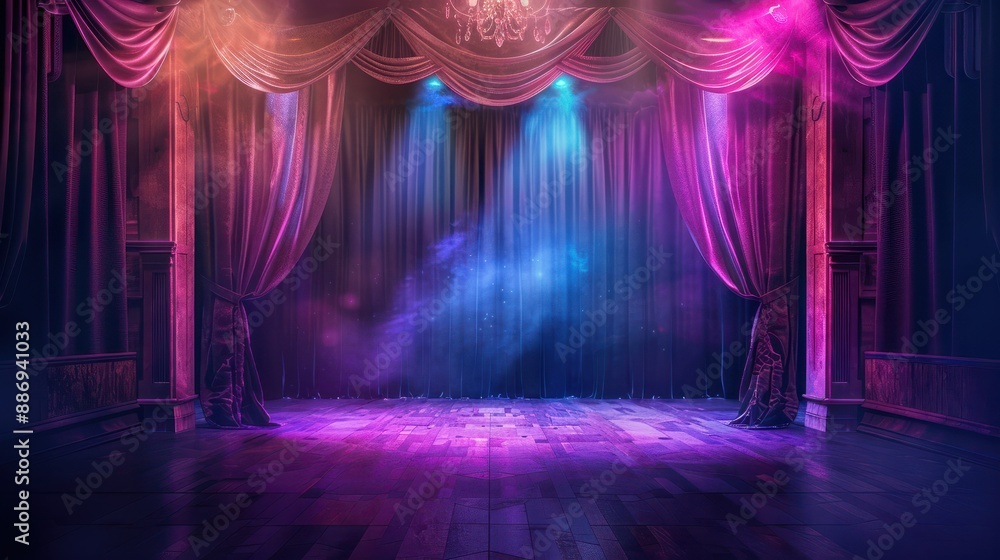 Poster theater stage light background with spotlight illuminated the stage.. empty stage with bright colors