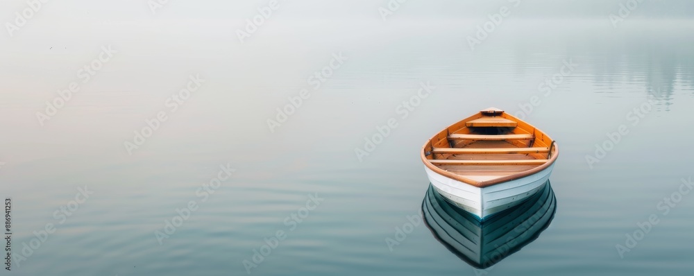 Wall mural Serene image of a wooden boat floating on calm, misty water, invoking peace and tranquility in a minimalist setting.