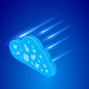 Isometric illustration depicting a futuristic cloud computing concept. Stylized cloud with digital data patterns symbolizes the seamless transfer and storage of information. Speed, technology, IT.