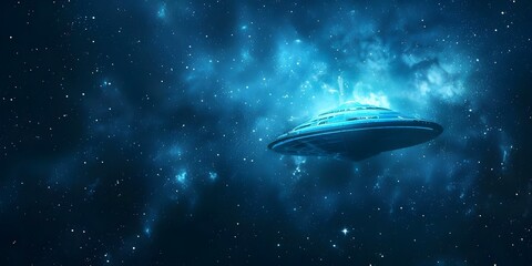 Fototapeta premium Artistic banner with UFO stars dark blue background to celebrate UFO Day. Concept UFO Day, Extraterrestrial Celebration, Dark Blue Background, Artistic Banner, Starry Night Sky