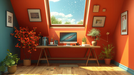 An orange and blue room with a home office setup, including a computer, desk, plants, and a skylight.