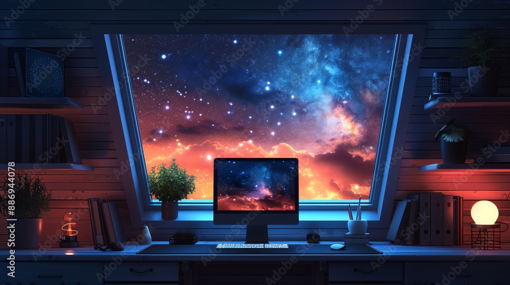 Poster a home office desk is illuminated by a lamp with a window behind it that shows a colorful, starry ni