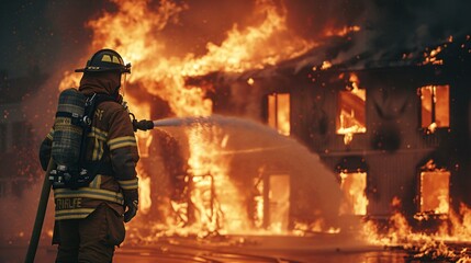 a firefighter sprays water on a burning building building is engulfed in flames firefighter wears protective gear