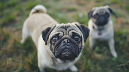 Two pugs facing the camera with one in front standing on grass