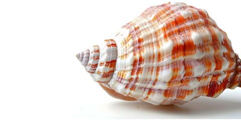 Fototapeta premium Red and white striped sea shell isolated on white background. Concept Seashells, Stripes, Red and White, Isolated Background, Marine Life