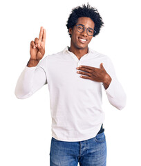Handsome african american man with afro hair wearing casual clothes and glasses smiling swearing...