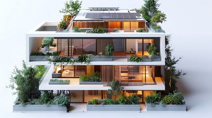 A 3D architectural model of a contemporary apartment complex, highlighted by ecofriendly features such as solar panels, on a digital interface