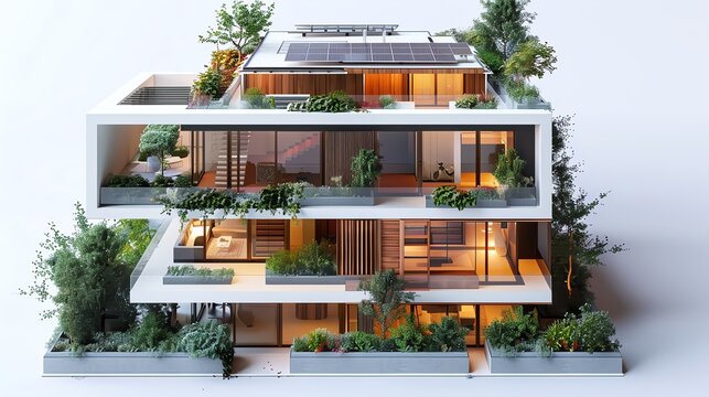 A 3D architectural model of a contemporary apartment complex, highlighted by ecofriendly features such as solar panels, on a digital interface