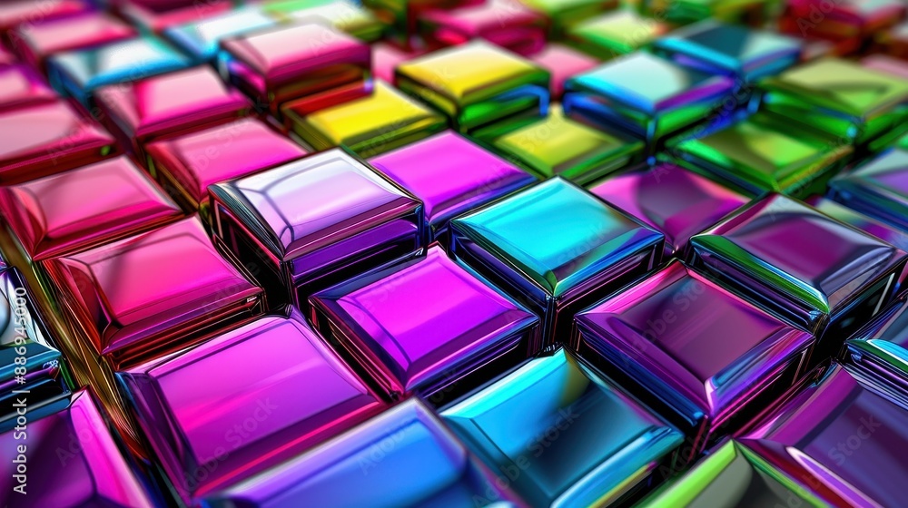 Poster vibrant, colorful abstract background with glossy, iridescent tiles creating a stunning modern desig