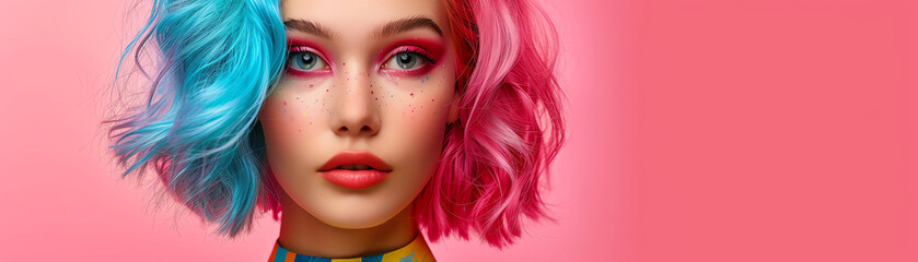 Fototapeta premium A young woman in vibrant Harajukuinspired fashion with pastelcolored hair on a pink background