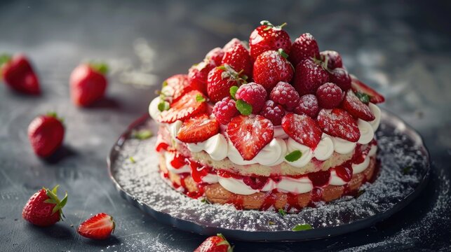 A sweet treat featuring a juicy strawberry cake topped with whipped cream