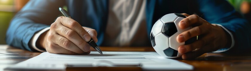 Businessman signing a document, soccer ball on the desk, natural light