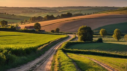 Sun-kissed vineyard stretches across the rolling green countryside, bathed in the golden hues of a setting sun