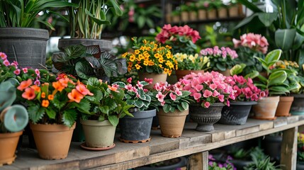 Display of various potted plants and flowers in a garden center