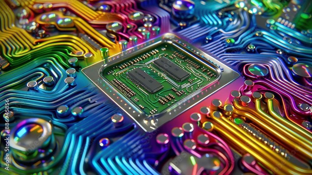 Poster high-resolution image of a colorful computer motherboard, showcasing intricate circuitry and vibrant