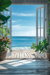 Ocean view from a room with wooden floor and plants, clear blue sky and sunny day