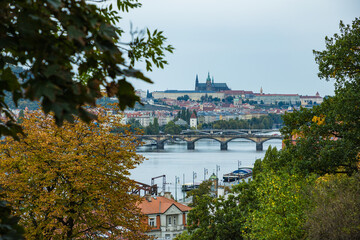 Overlooking the city landscape of Vyšehrad Cemetery Park, Prague, Czech Republic